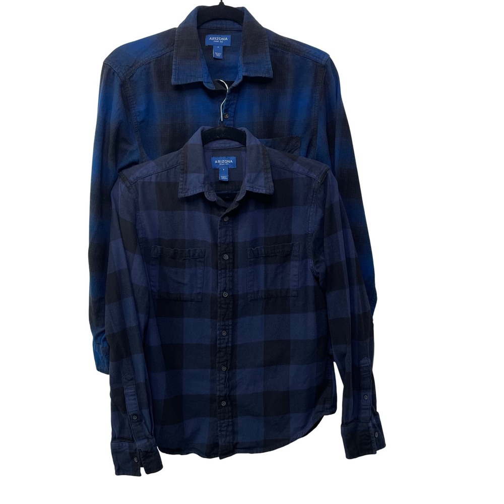 Lot of 2 Arizona Mens Blue Black Plaid Flannel Shirt Button Cotton Lumberjack S